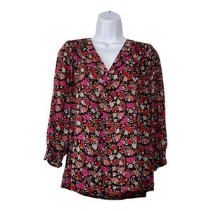 Jones & Co Red &‎ Pink Rose Floral Peasant Ruffle 3/4 Sleeve Blouse Sz M